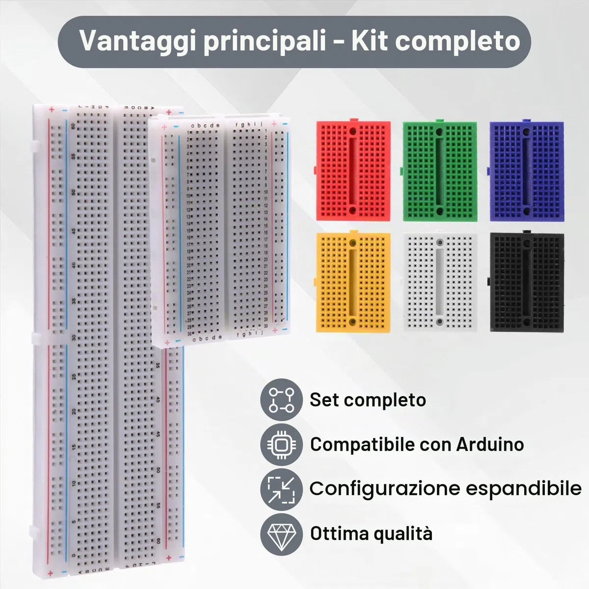 6 mini breadboard kit 170 e 400 punti + 1 breadboard 830 punti senza saldatura + 65 ponticelli flessibili, elettronica compatibile con Arduino, progetti fai da te