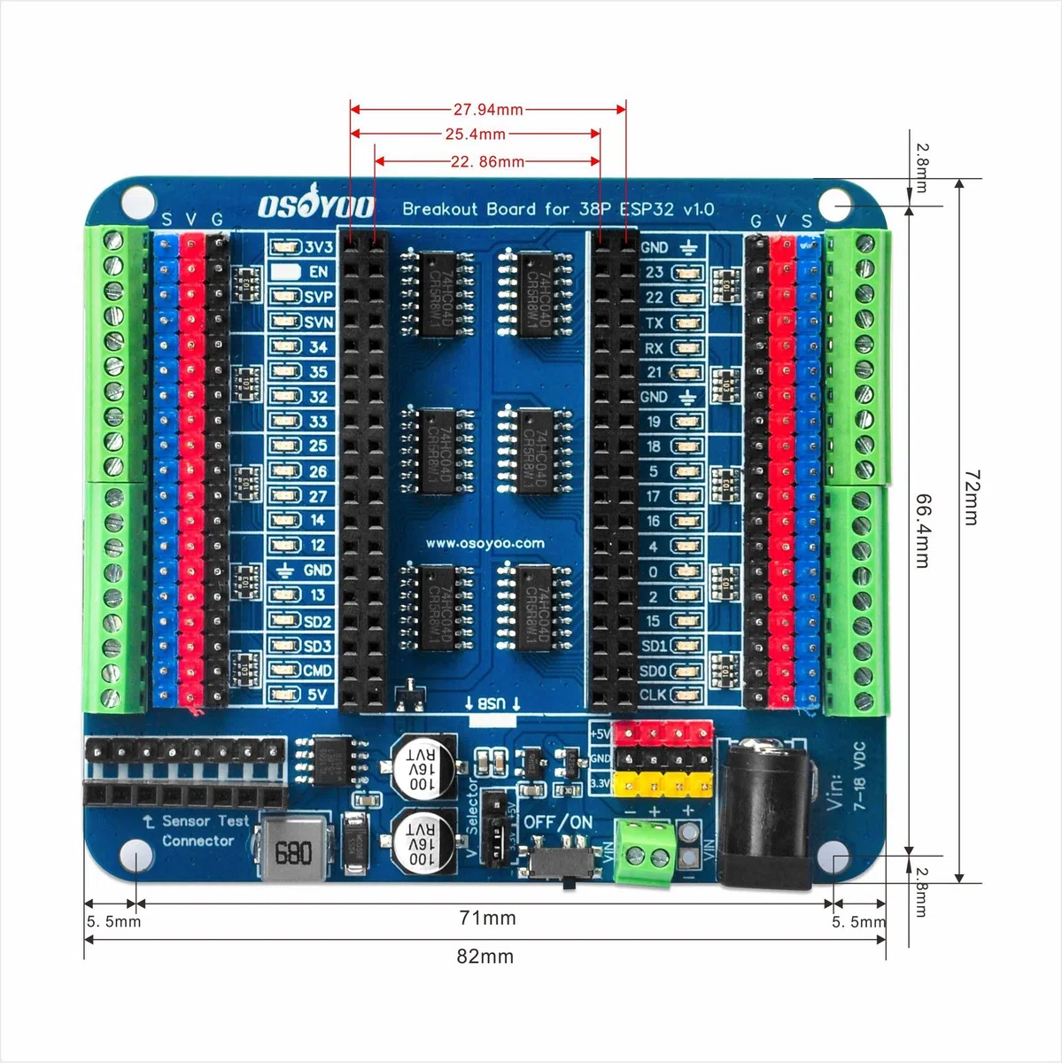 OSOYOO Scheda Breakout per scheda di espansione ESP32 a 38 pin con doppia intestazione 2x19P - Indicatori LED GPIO - ideale per prototipazione, sviluppo e apprendimento ESP32