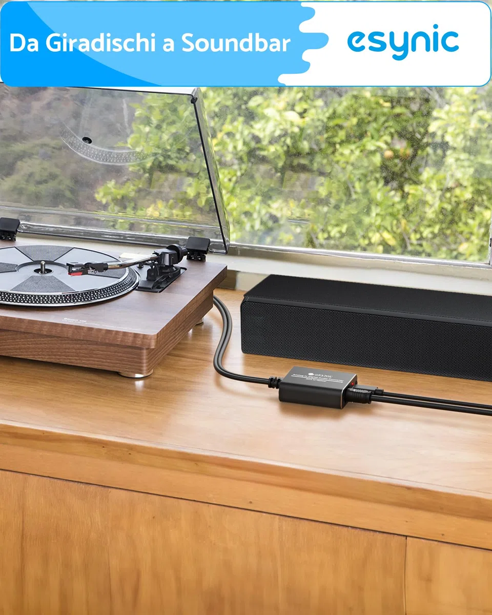 eSynic ADC Convertitore Audio RCA a Ottico in Lega Alluminio, Adattatore Analogico a Digitale con Cavo 2RCA 1.1m Integrato, Convertitore da L/R a SPDIF Toslink per Giradischi CD DVD a Soundbar