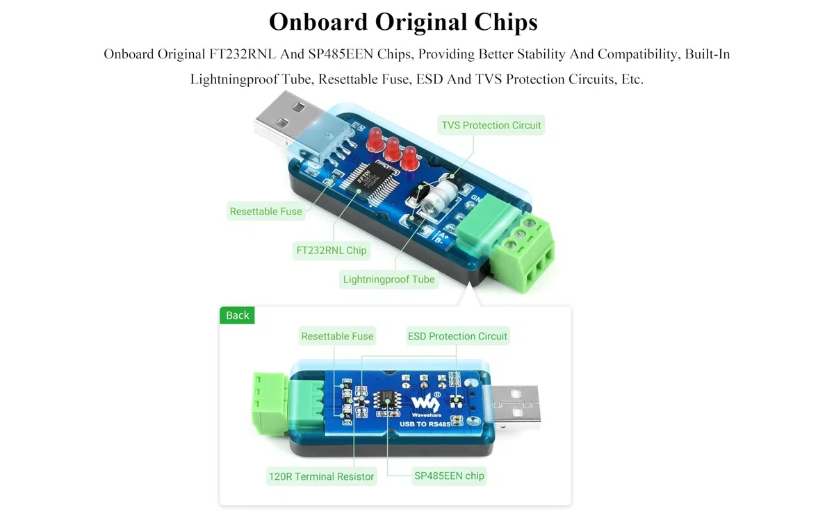 Industrial USB to RS485 Bidirectional Converter with Original FT232RNL and SP485EEN Chip, Supports Linux, Android,Win11/10/8.1/8/7/XP, etc. With Protection Circuits for Industrial Control Equipments