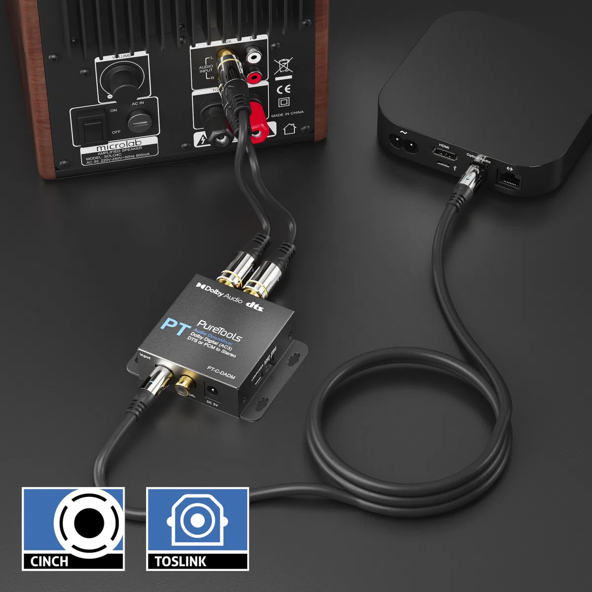 PureTools - Convertitore digitale/analogico, Dolby/DTS DownMixer, Dolby Digital (AC3), DTS o PCM a stereo, nero