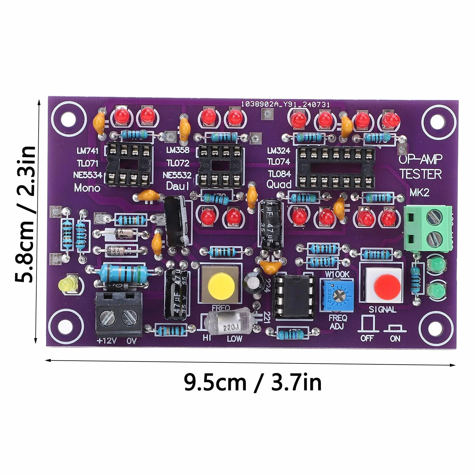 Scheda Rilevatore Chip IC Tester Amplificatore Operazionale per Misuratore DC12V T2 Singolo Doppio Quadruplo con Indicatore di Uscita LED Rosso Verde Terminale di Prova Corrente