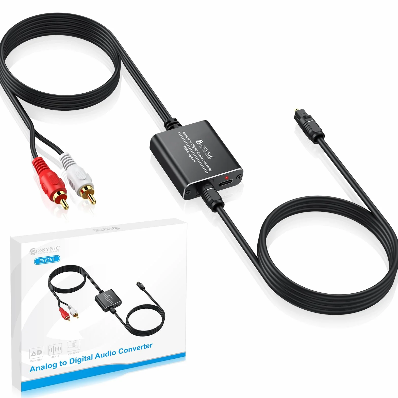 eSynic ADC Convertitore Audio RCA a Ottico in Lega Alluminio, Adattatore Analogico a Digitale con Cavo 2RCA 1.1m Integrato, Convertitore da L/R a SPDIF Toslink per Giradischi CD DVD a Soundbar