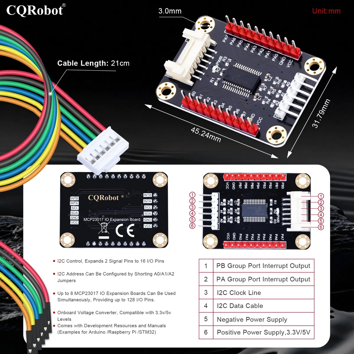 CQRobot MCP23017 IO Expansion Board Compatible with Raspberry Pi/Micro:bit/Arduino/STM32. I2C Interface Control, 2 Signal Pins Increase to 16 Input/Output Pins, Supports UP to 8 Simultaneous Uses.