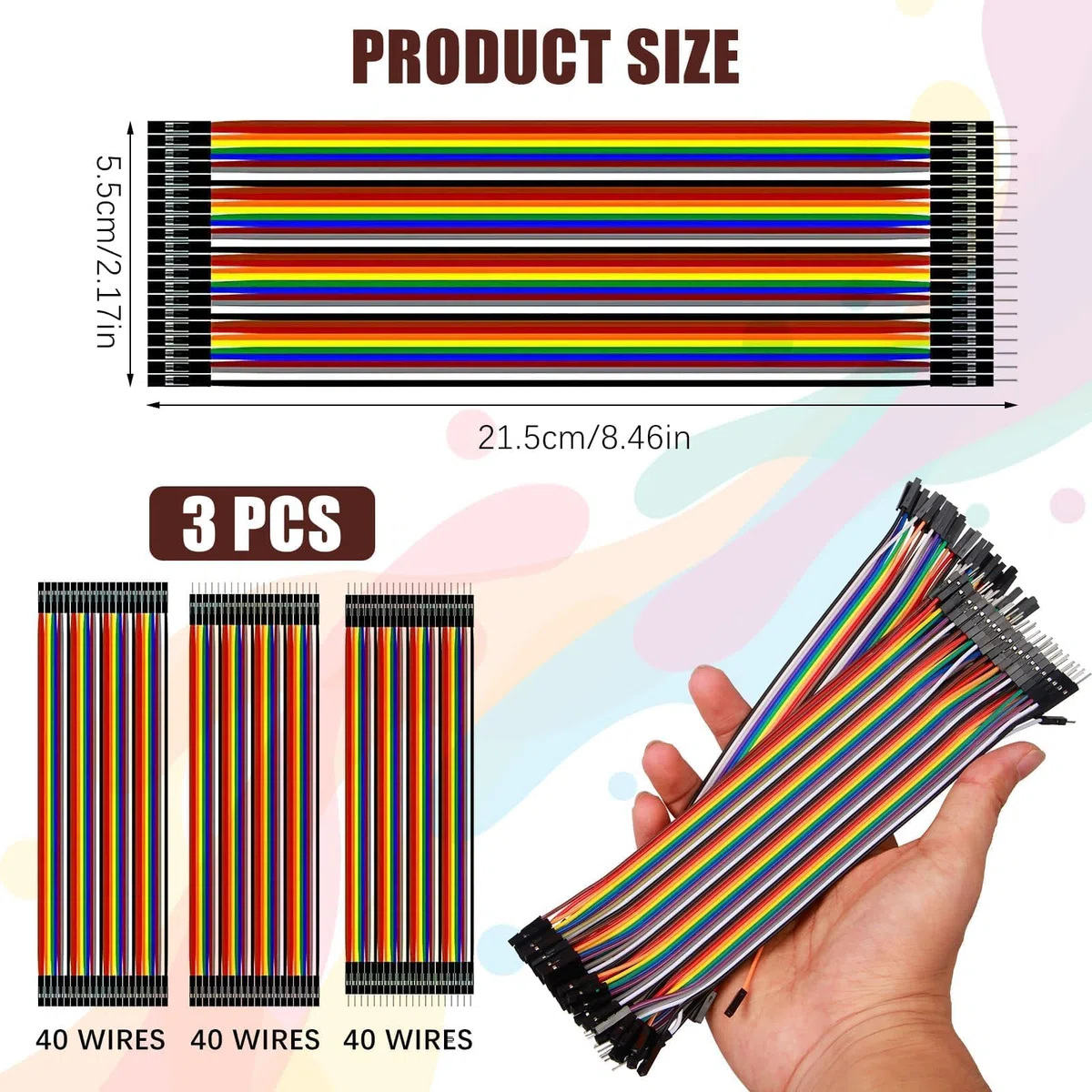 120 pezzi Cavetti Jumper Filo Dupont Multicolore Wire, 20cm, 40 pezzi M-F, 40 pezzi M-M, 40 pezzi F-F, Cavi 28AWG per Arduino e Breadboard
