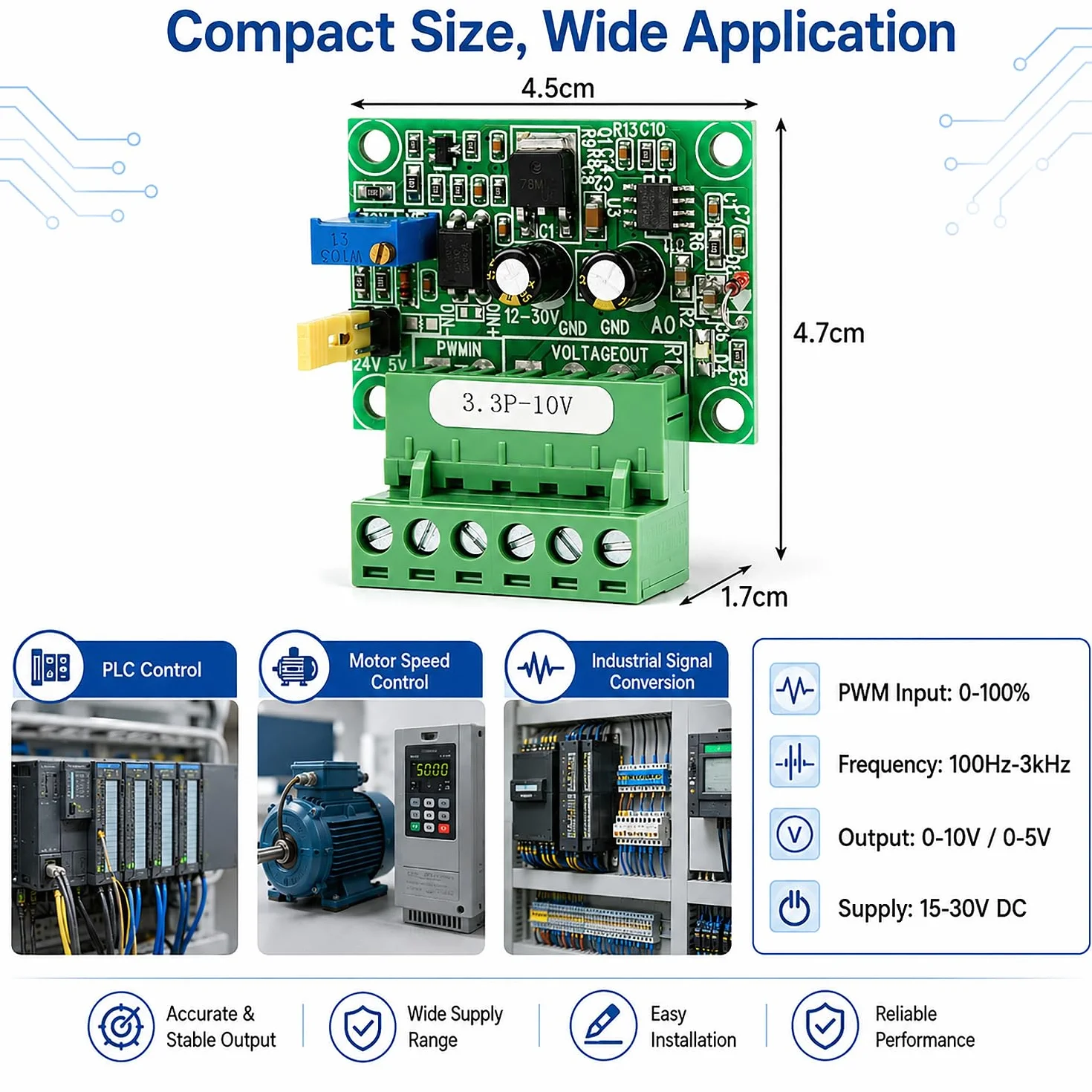 Convertitore da Segnale Pwm A Tensione, Tensione di Uscita Analogica 0-10V 0-100% 1-3Khz Ingresso Segnale Pwm, Modulo PLC Digitale-Analogico D/A, per Il Controllo Della Velocità Del Motore
