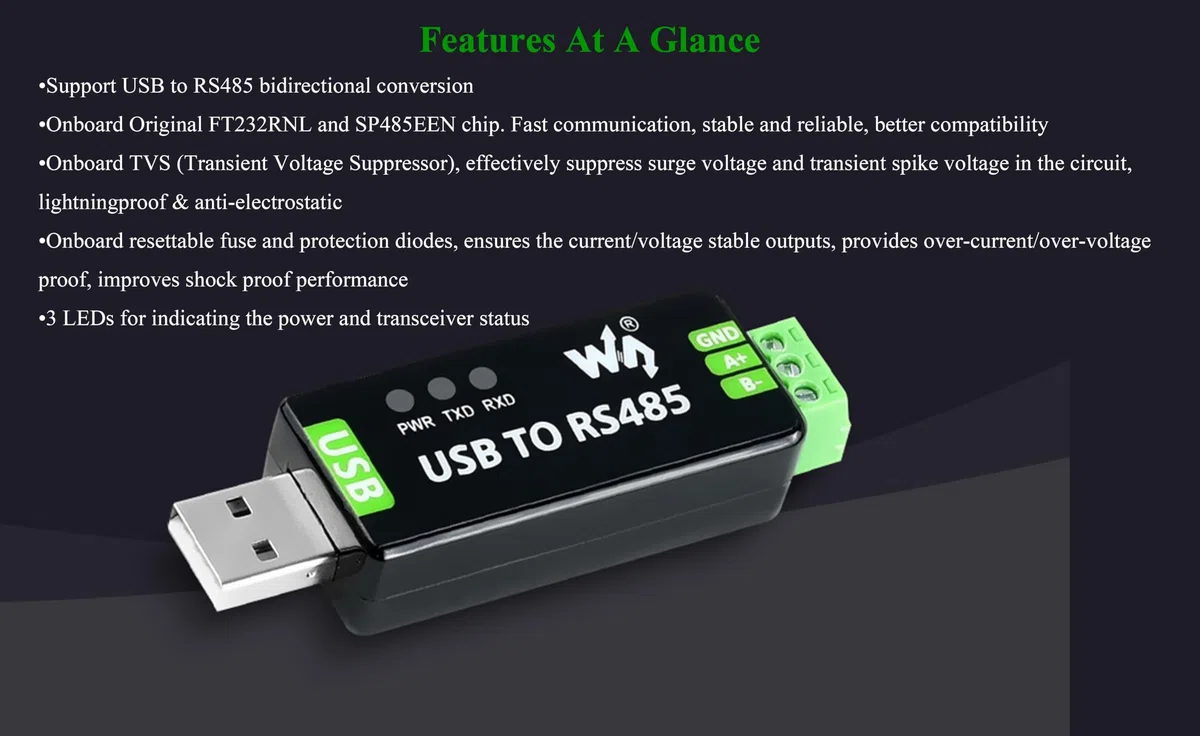Industrial USB to RS485 Bidirectional Converter with Original FT232RNL and SP485EEN Chip, Supports Linux, Android,Win11/10/8.1/8/7/XP, etc. With Protection Circuits for Industrial Control Equipments