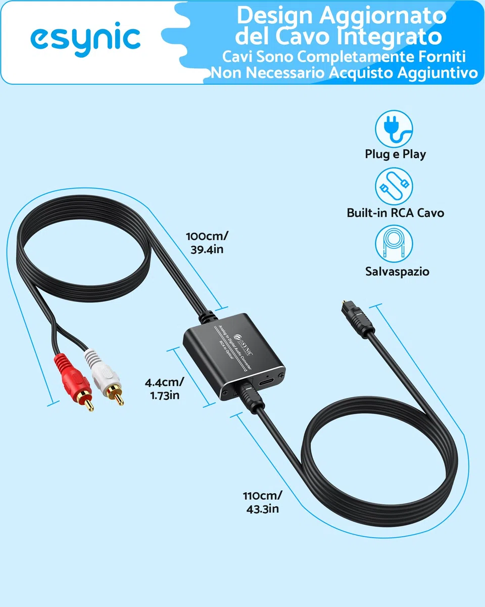 eSynic ADC Convertitore Audio RCA a Ottico in Lega Alluminio, Adattatore Analogico a Digitale con Cavo 2RCA 1.1m Integrato, Convertitore da L/R a SPDIF Toslink per Giradischi CD DVD a Soundbar