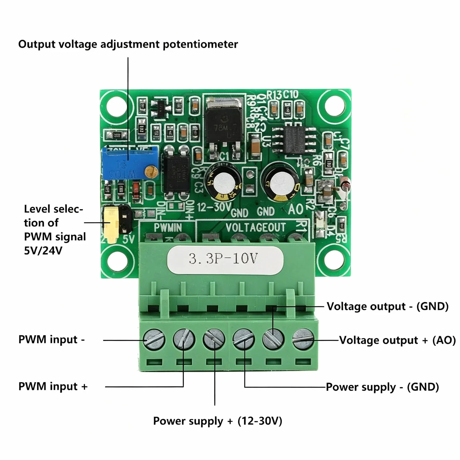 Convertitore da Segnale Pwm A Tensione, Tensione di Uscita Analogica 0-10V 0-100% 1-3Khz Ingresso Segnale Pwm, Modulo PLC Digitale-Analogico D/A, per Il Controllo Della Velocità Del Motore