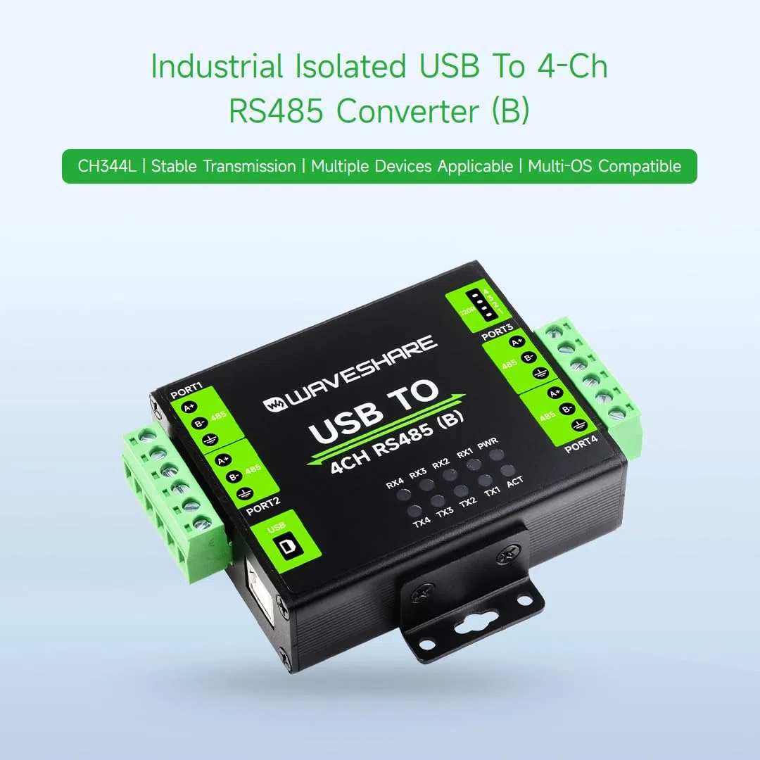 Waveshare Industrial Isolated USB To 4-Ch RS485 Converter (B), CH344L Chip, Multi Protection Circuits, Multi Systems Support, Aluminium Alloy Case, Wall-Mount & Rail-Mount Support
