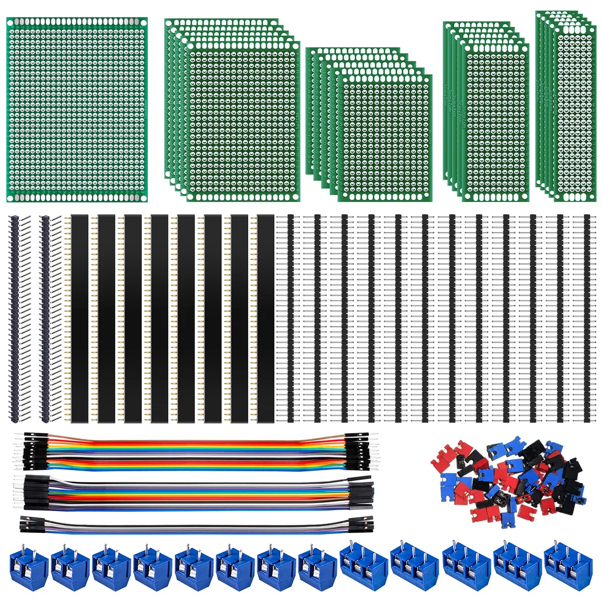 Miuzei 151 pezzi PCB Board Kit, 21 schede forate double face, 22 bande per penne, 13 morsetti a vite, 35 cavi ponticelli compatibili con Arduino per progetti elettronici fai da te