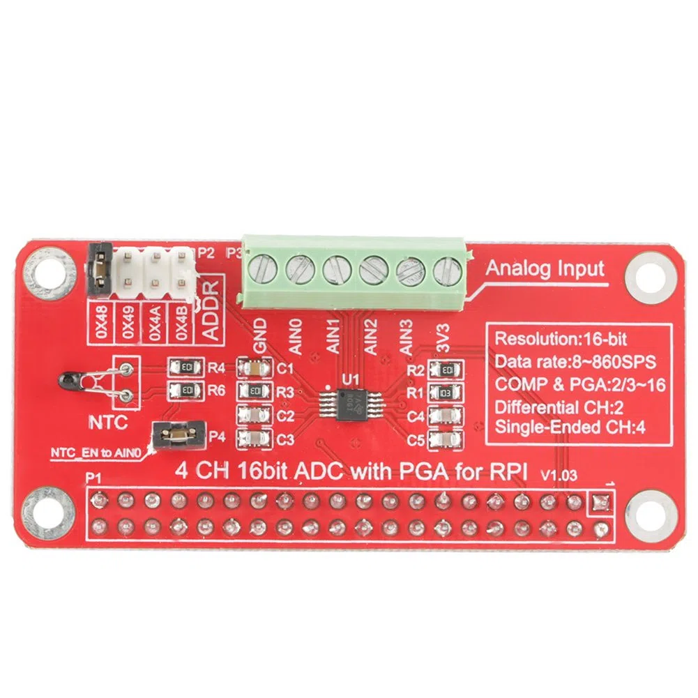Akozon Modulo di Scheda di Sviluppo ADC 16 Bit a 4 Canali Modulo Convertitore Analogico-digitale Amplificatore a Guadagno Programmabile per 3/2 / B +