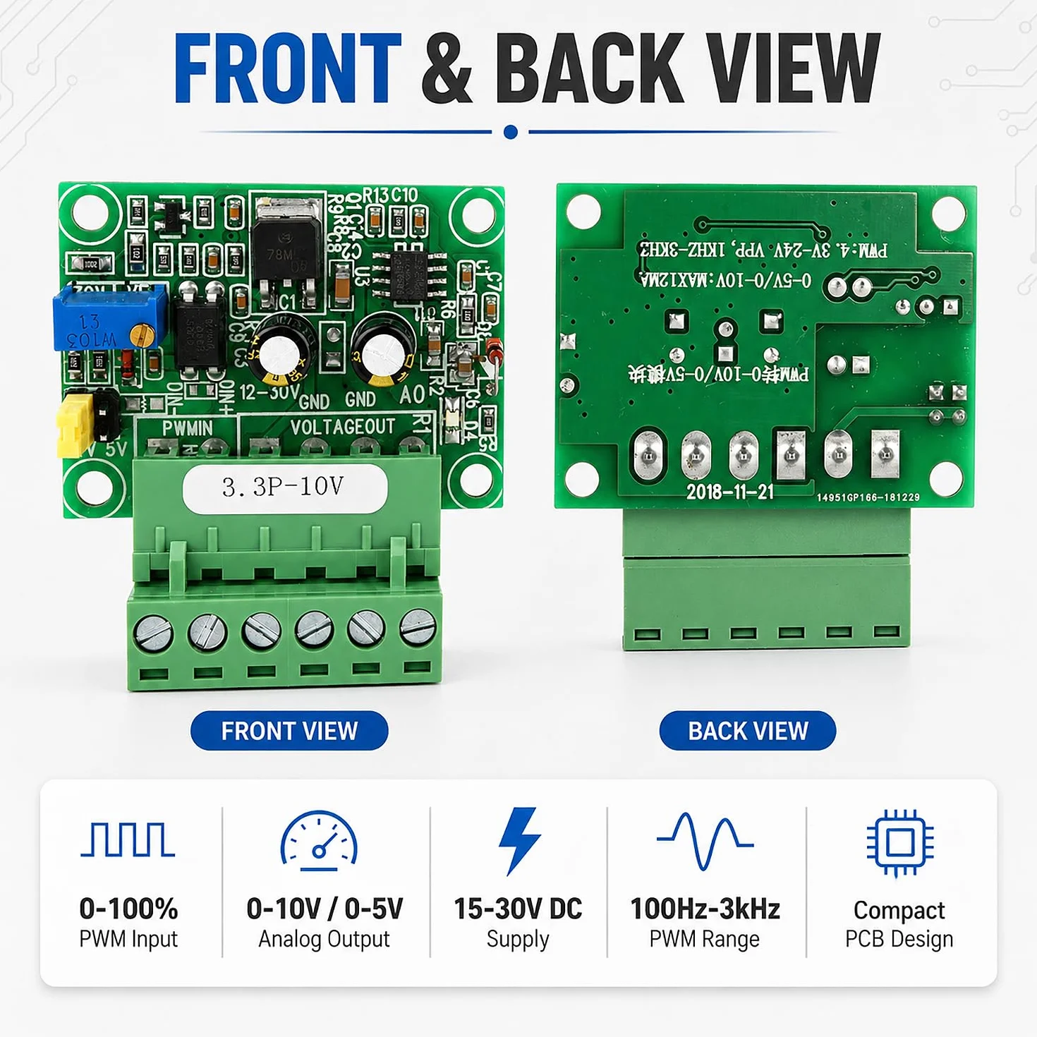 Convertitore da Segnale Pwm A Tensione, Tensione di Uscita Analogica 0-10V 0-100% 1-3Khz Ingresso Segnale Pwm, Modulo PLC Digitale-Analogico D/A, per Il Controllo Della Velocità Del Motore