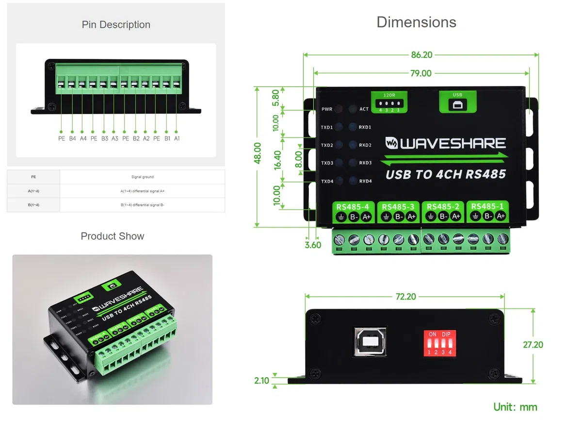Industrial USB TO 4Ch RS485 Converter Module,Universal Serial Communication, Support 1200bps ~ 460800bps Baudrate,Multiple Protection Circuits,Compatible with Win7/8/8.1/10/11, Mac, Linux, Android