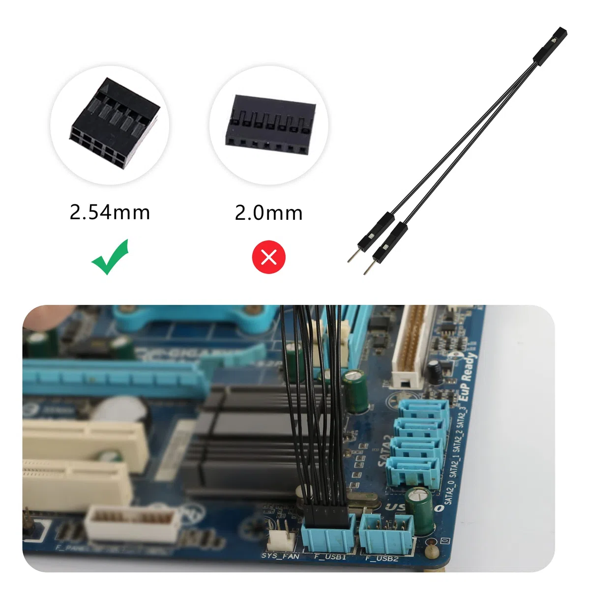 GELRHONR 10Pcs Cavo Dupont 2 Pin Singolo Femmina a Doppio Maschio Ponticello per PC Scheda Madre Potenza Diodo Emettitore di Luce - Nero