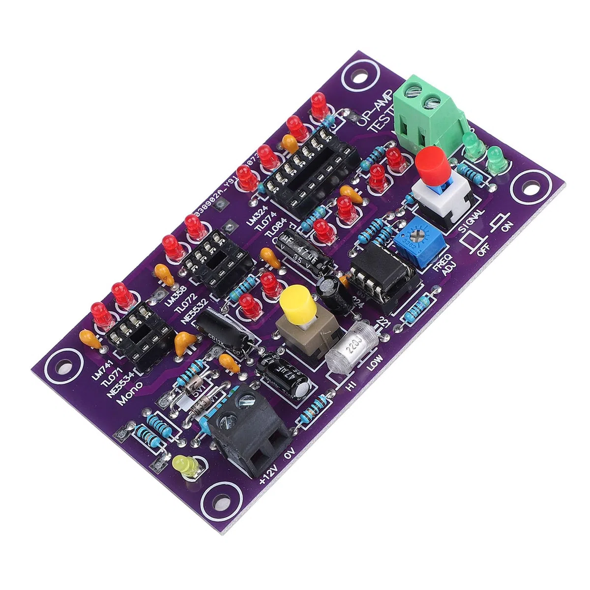 Scheda Rilevatore Chip IC Tester Amplificatore Operazionale per Misuratore DC12V T2 Singolo Doppio Quadruplo con Indicatore di Uscita LED Rosso Verde Terminale di Prova Corrente