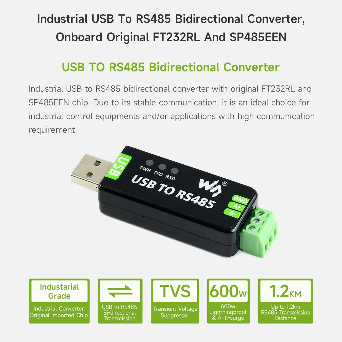 LUCKFOX USB to RS485 Converter, Industrial USB to RS485 Bidirectional Converter, Stable Communication, for Industrial Control Equipment or Applications with High Communication Requirements