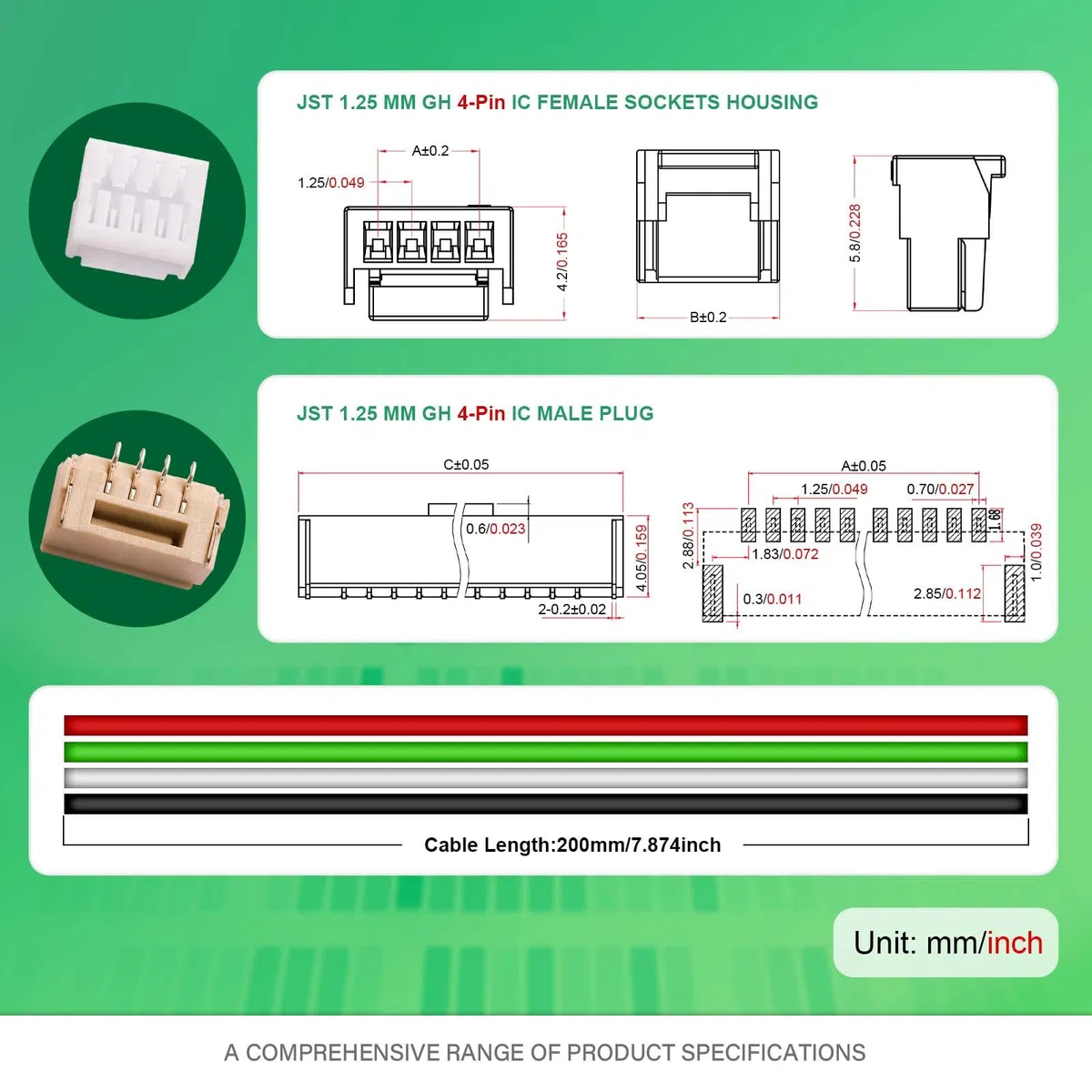 10 set/40 pezzi Mini Micro JST-GH-SMD-VHR 1,25 mm 4 pin 30 AWG Kit Cavo in Silicone, Connettore Femmina con Filo 20cm e Spina Maschio IC, per Strisce luminose a LED, Giocattoli RC, Batterie