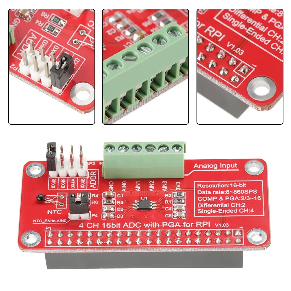 Akozon Modulo di Scheda di Sviluppo ADC 16 Bit a 4 Canali Modulo Convertitore Analogico-digitale Amplificatore a Guadagno Programmabile per 3/2 / B +