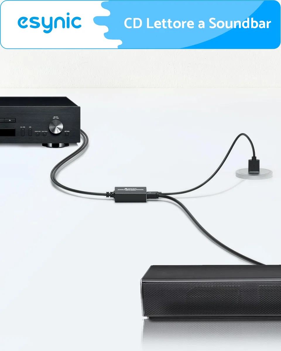 eSynic ADC Convertitore Audio RCA a Ottico in Lega Alluminio, Adattatore Analogico a Digitale con Cavo 2RCA 1.1m Integrato, Convertitore da L/R a SPDIF Toslink per Giradischi CD DVD a Soundbar