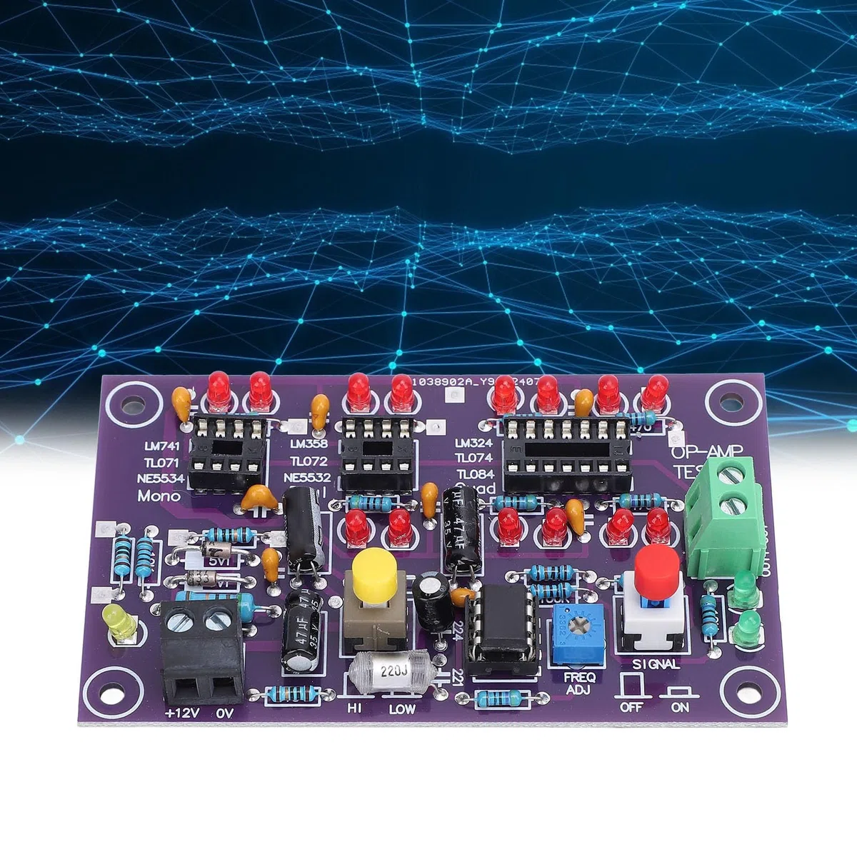 Scheda Rilevatore Chip IC Tester Amplificatore Operazionale per Misuratore DC12V T2 Singolo Doppio Quadruplo con Indicatore di Uscita LED Rosso Verde Terminale di Prova Corrente