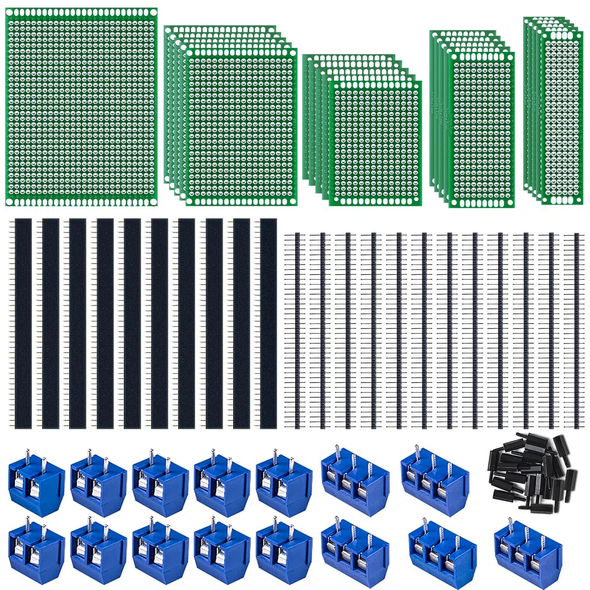 Miuzei Set di 48 schede PCB 12 schede prototipo a doppia faccia universali per saldatura con 10 morsetti a vite a 2 e 3 pin10 connettori maschio/femmina e 16 colonne in nylon