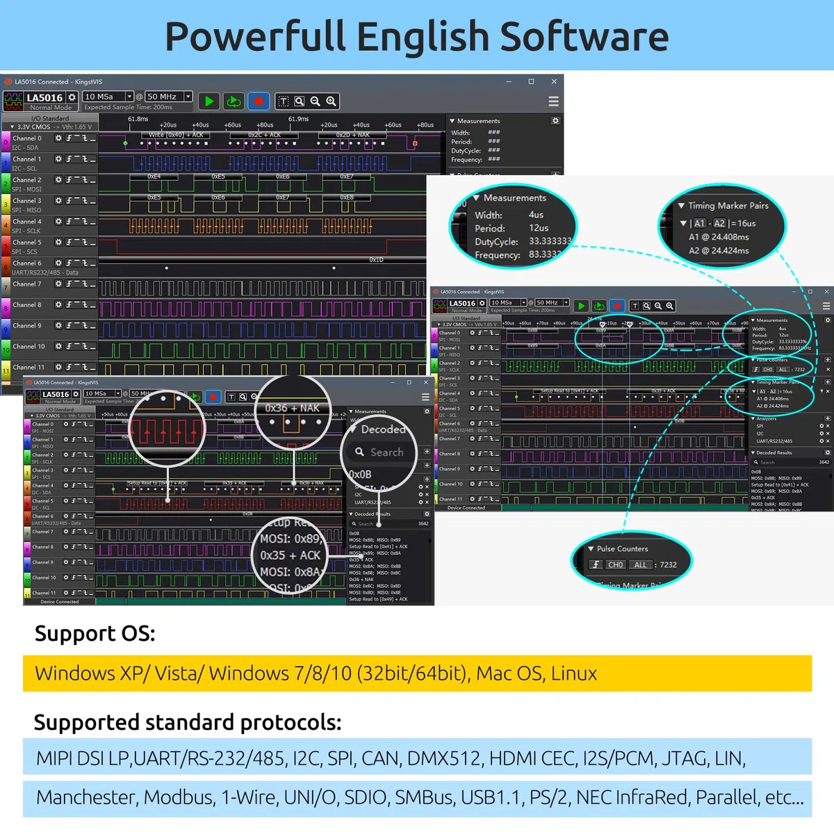 InnoMaker Analizzatore Logico USB LA5032 32 Canali 500MHz 10G Campioni per MCU ARM FPGA Strumento di Debug Analizzatore MIPI con Software Inglese Compatibile con Windows Mac Linux