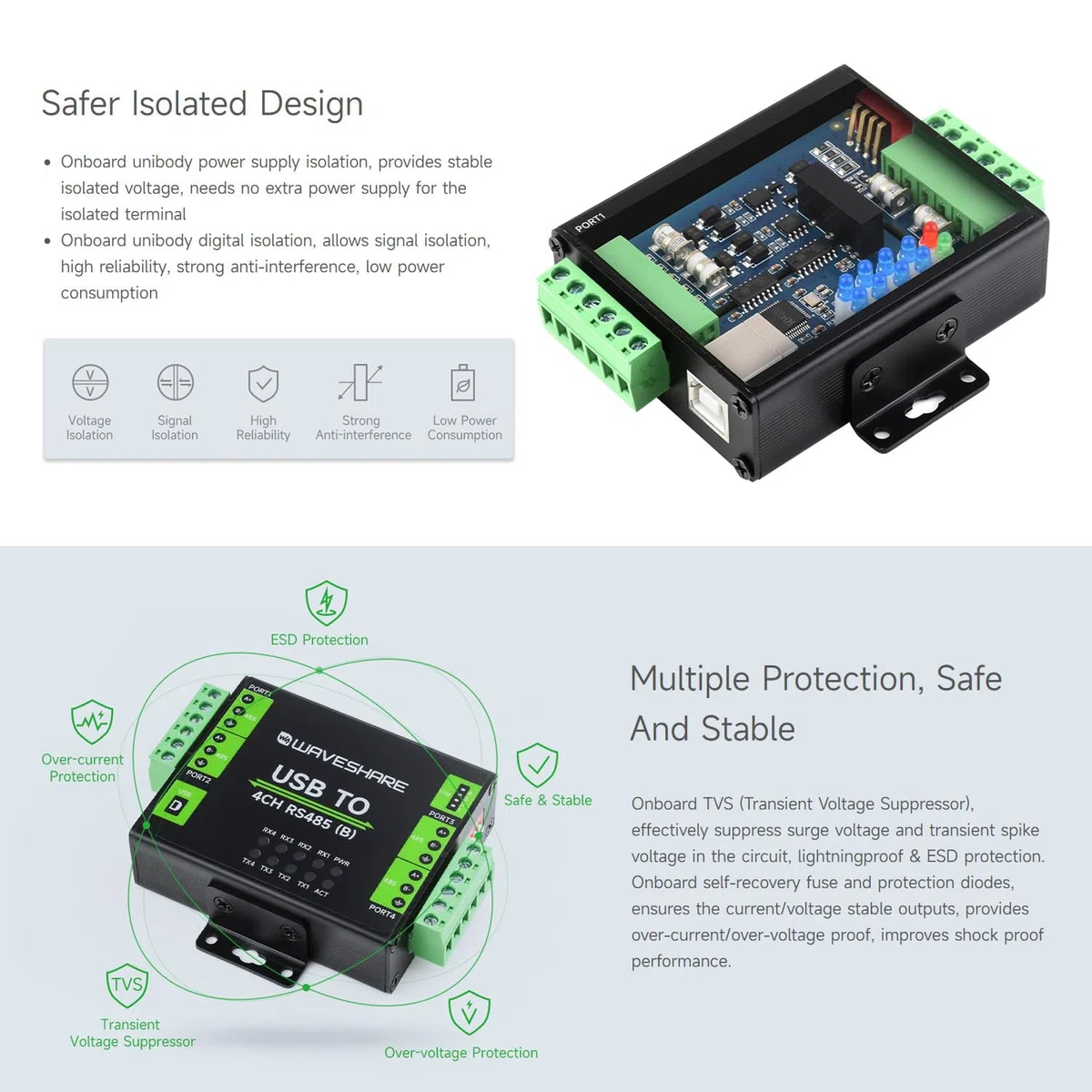 Waveshare Industrial Isolated USB To 4-Ch RS485 Converter (B), CH344L Chip, Multi Protection Circuits, Multi Systems Support, Aluminium Alloy Case, Wall-Mount & Rail-Mount Support