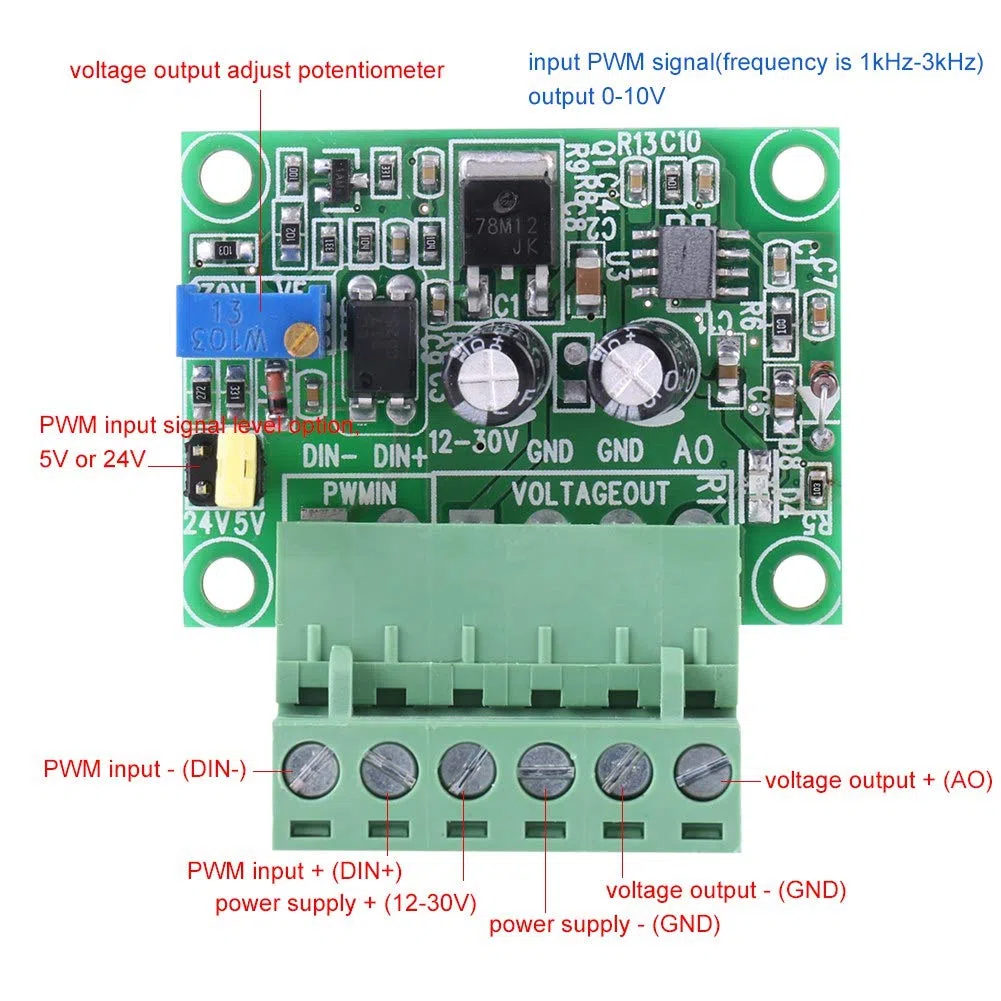 Modulo Convertitore da PWM a Tensione, 1-3KHZ 0-10V Modulo Convertitore da Segnale a Tensione PWM Scheda Analogica Digitale