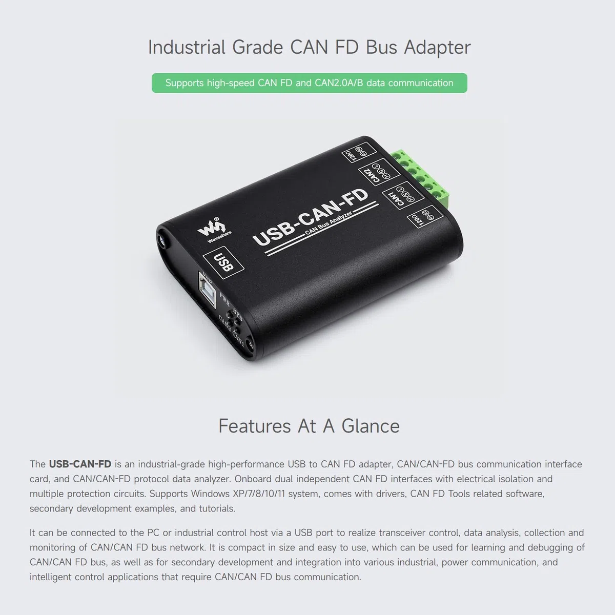 Waveshare Industrial Grade CAN/CAN FD Bus Data Analyzer, USB To CAN FD Adapter, CAN/CAN FD Bus Communication Interface Card, compatible with Windows XP/7/8/10/11