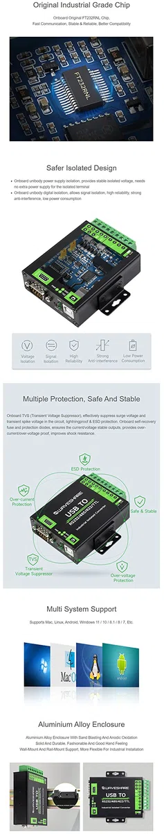 Convertitore USB di grado industriale a RS232/485/422/TTL a bordo FT232RNL Supporto Mac Linux Android Windows 11 10 8.1 8 7 Protezione multipla