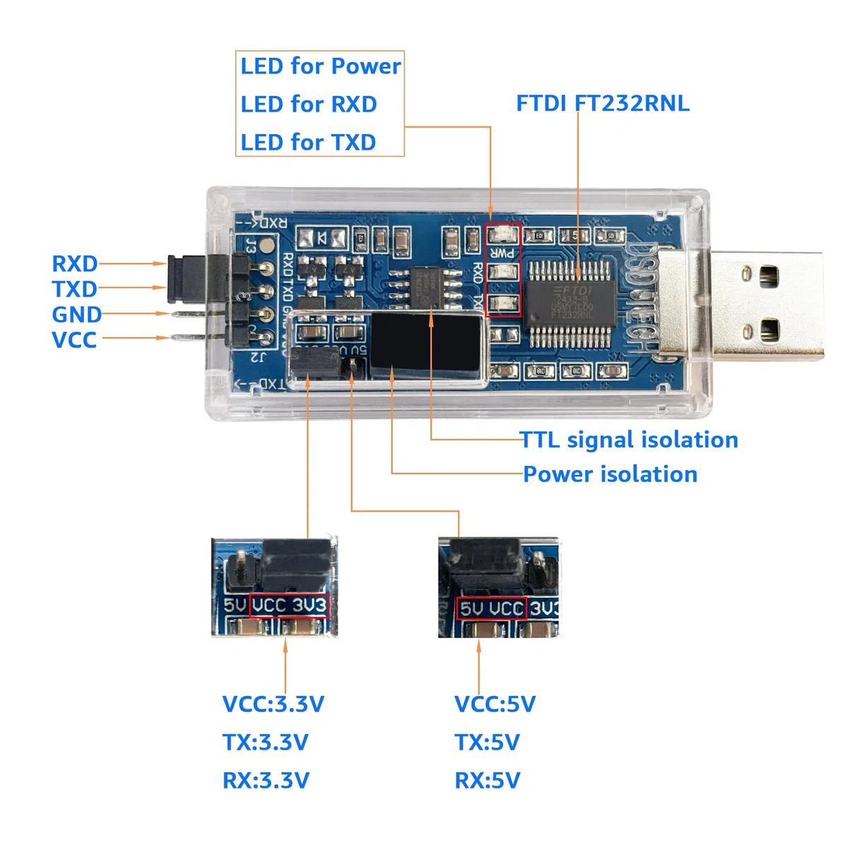 DSD TECH SH-U09C3 Adattatore da USB a TTL isolato con FTDI FT232RL IC